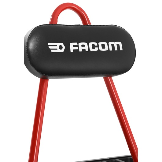 Facom TCS-P1 padded black headrest with logo on red metal frame, front angle, photography