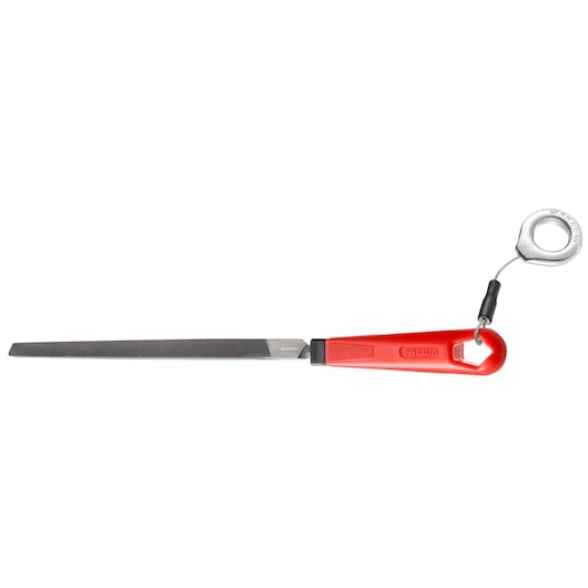 Facom hand file with red handle and lanyard, SKU TRI_MD200EMASLS, photography, top view on white background.