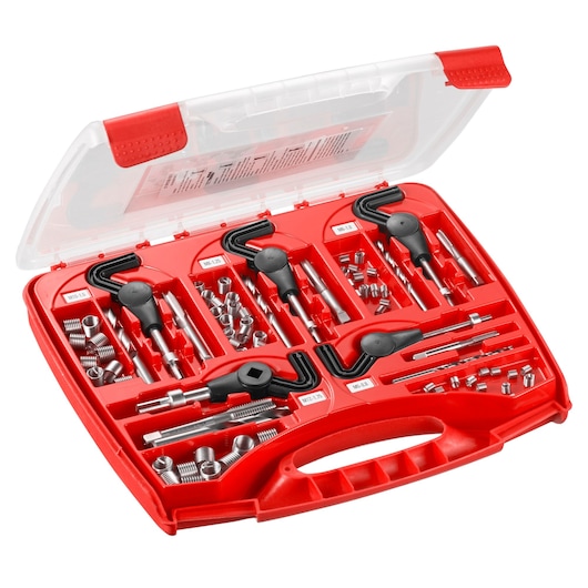 Red and clear plastic carrying case containing a Facom thread repair kit with various tools, taps, insertion tools, and multiple metal thread inserts organized in compartments.
