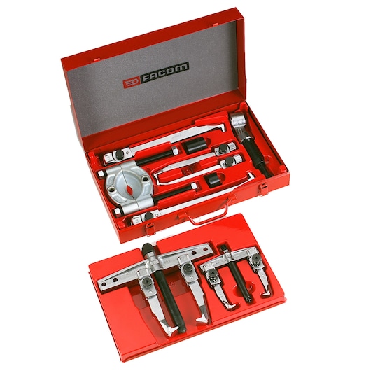 Facom U_102T bearing puller tool set in red metal case, photo from above on white background.