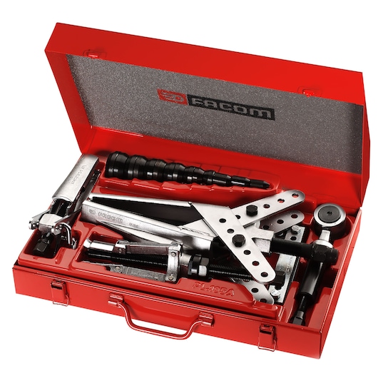 Facom U_103A bearing puller kit in red metal case, tools organized, top view.
