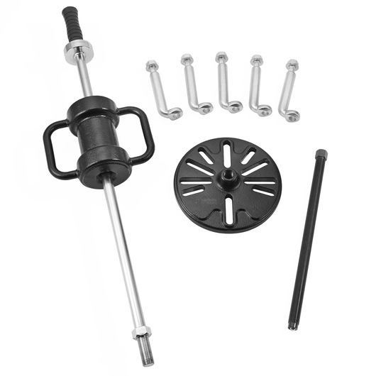 Facom U_11M slide hammer puller kit with handles, four bolts, round plate, black rod, white background
