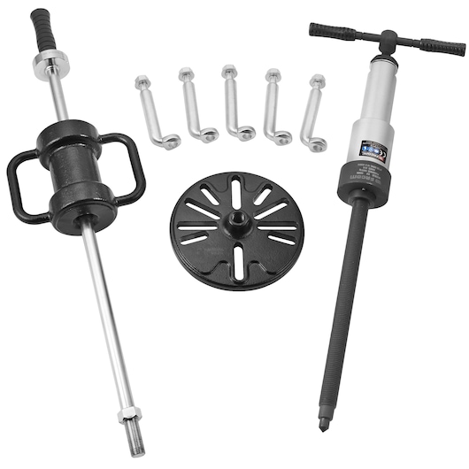 Facom U_11VHA automotive slide hammer puller set with accessories and round adapter, product flat lay on white background.