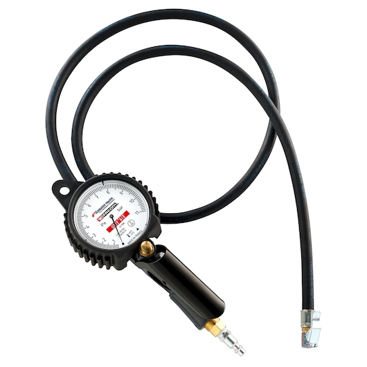 Facom U_179A tire pressure gauge with black hose, white dial and connector, studio angle.
