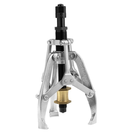 Facom U_20 three-jaw gear puller with metallic finish, central screw and brass ring, front angle, on white background.