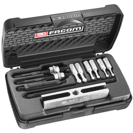 Facom U_23J1A bearing puller set in black hard case, set includes various metal puller parts.