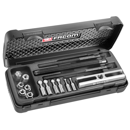 Facom U_23J2 puller set in black hard case, showing tools and attachments at angled view.