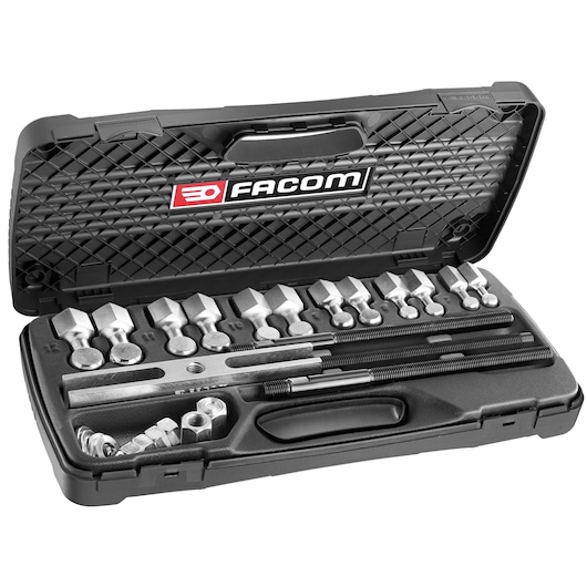 Facom U_23J3 tap and die set with multiple pieces in a black hard case, photographed at an angle on white background.