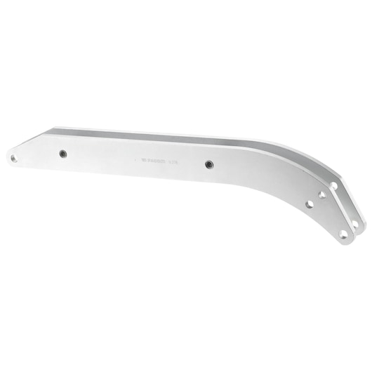 Facom U_27B metal curved mounting bracket photographed on white background, side angle.