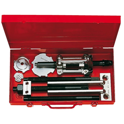 Facom U_28J1 bearing puller set in red metal case, top view, showing multiple components and tools.