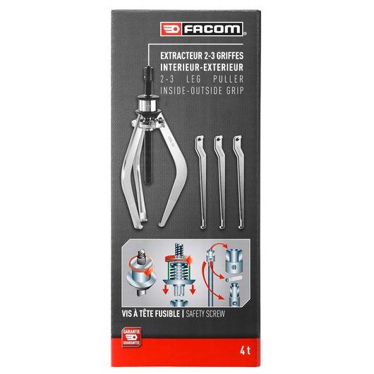 Photo of Facom U306-180PB 2-3 leg puller tool set packaging, showing the tool, extra arms, technical diagrams, front angle.