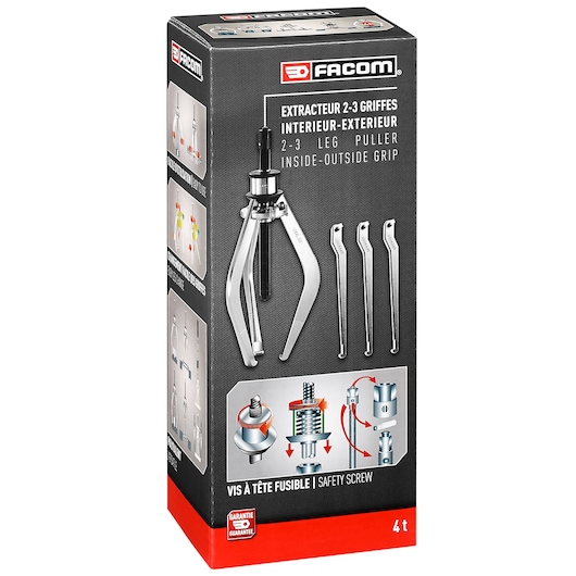Photo of Facom U306-180PB 2-3 leg puller tool packaging, black box with product image, diagrams, and red branding.