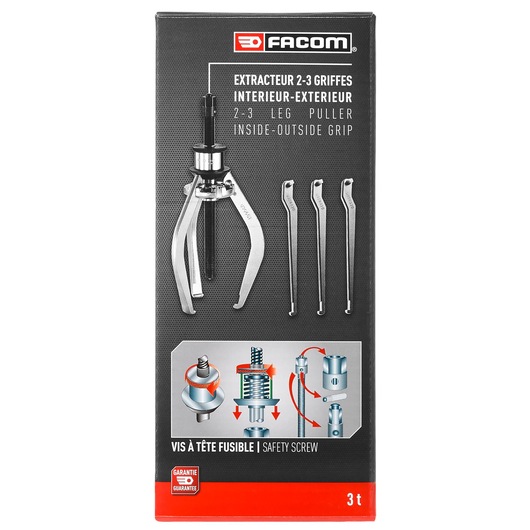 Photo of Facom U306PB 2-3 leg puller set box, black packaging with product image and safety screw illustrations, front angle.