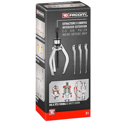 Facom U306PB 2-3 leg puller boxed set, black and red packaging with product illustrations, front angle.
