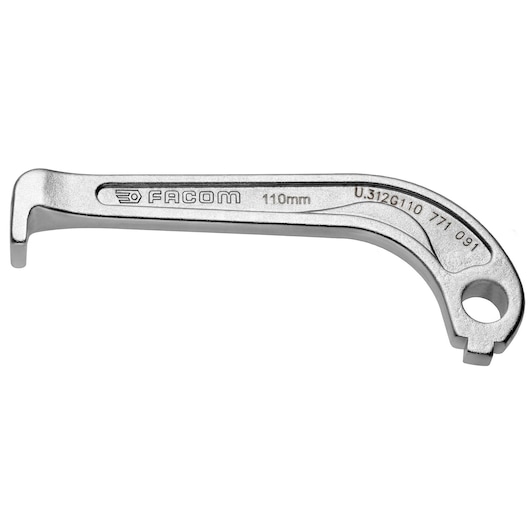 Facom U_312G110 110mm silver hook wrench, product front angle on white background.