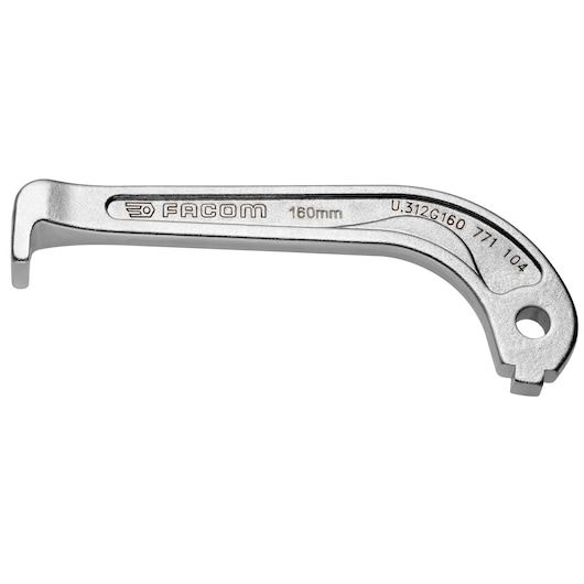 Facom U_312G160 silver hook spanner, 160mm, product photography, side angle on white background.