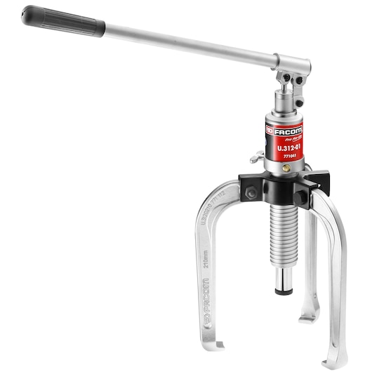 Facom U312H three-jaw hydraulic puller, silver and black with red label, side angle on white background.