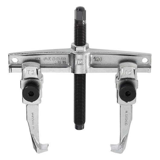 Photo of Facom U_32T2-8 two-jaw gear puller, silver metal with black central screw, front view on white background.