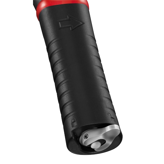 Facom U.48PB black and red ergonomic handle close-up with visible arrow and inner mechanism, photography, white background.