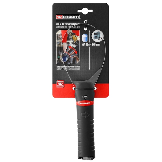 Photo of Facom U.48PLPB automatic oil filter wrench with black and red handle, attached to packaging, front angle.