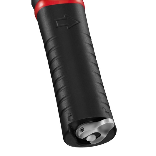 Facom U_48 black and red ergonomic handle close-up, arrow design, part of a hand tool, white background.