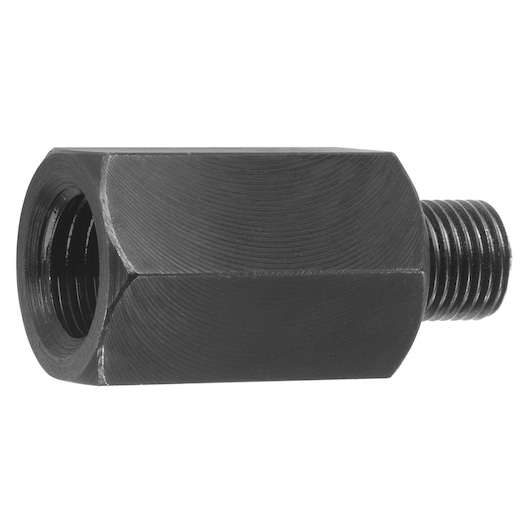 Facom U_49BR1 black metal hex adapter with threaded ends, side angle on white background.