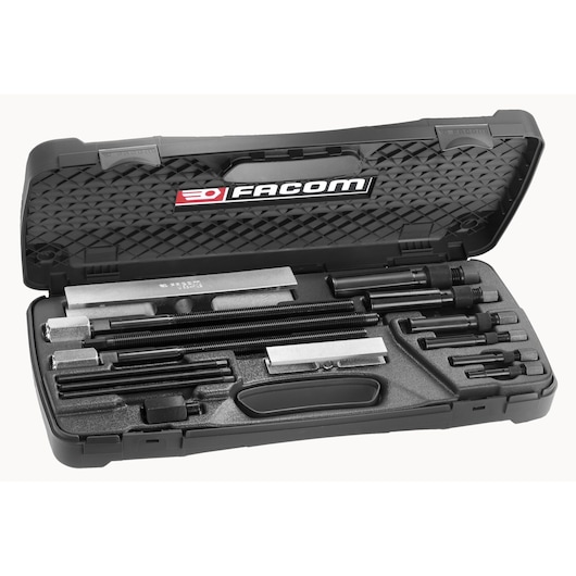 Facom U_49PJ1 puller set in black hard case, top view on white background.