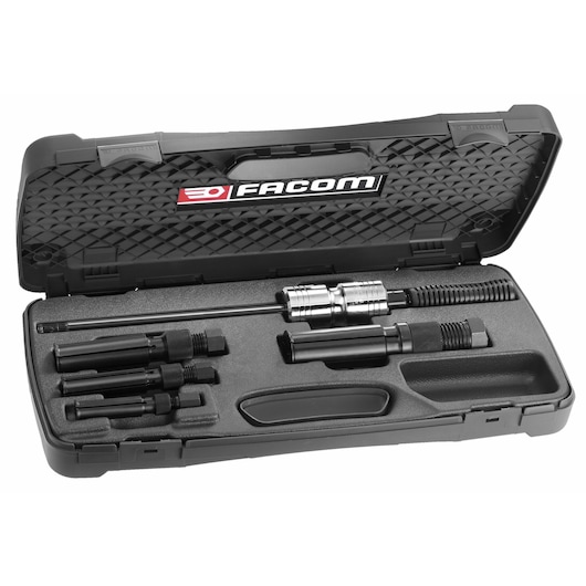 Facom U_49PJ2 tool set in black hard case, includes multiple extractors and slide hammer, photo from above.