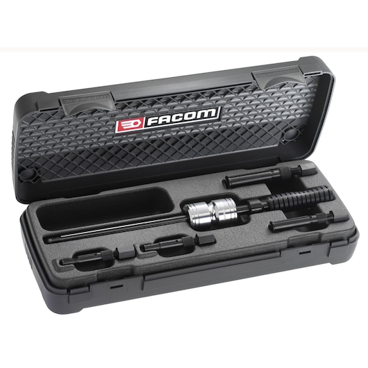 Facom U_49PJ3 puller tool set in black hard case, showing multiple metal tools and handle.
