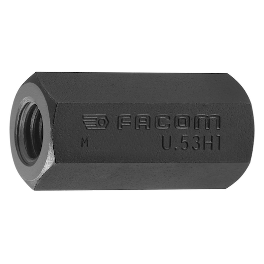 Photo of Facom U_53H2 hexagonal steel threaded coupling nut, engraved with brand logo, side view on white.