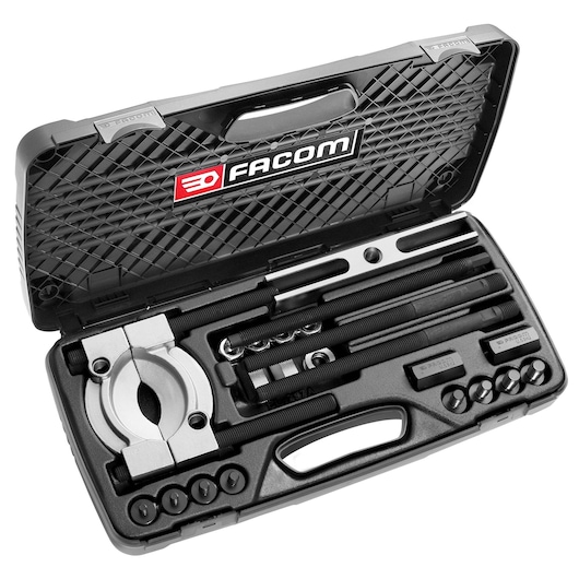 Facom U_53J2 bearing separator and puller set in black molded case, top view, with organized metal tools.