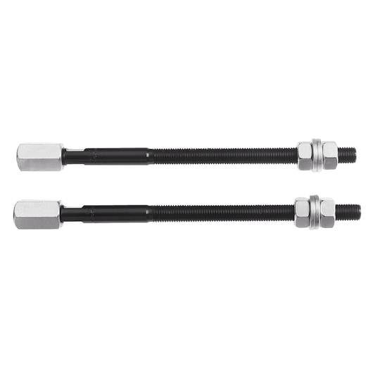 Facom U_53R2L photography of two black threaded rods with hexagonal ends and metal nuts, white background.