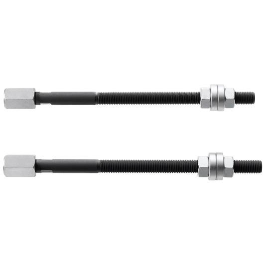 Facom U_53R3L pair of threaded rods with hex nuts and washers, photography, top view, white background.
