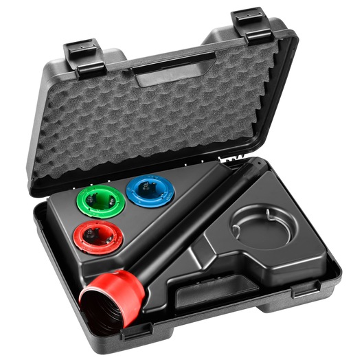 Facom U_7-3T radiator pressure test kit with colored adapters in a black hard case, angled view.
