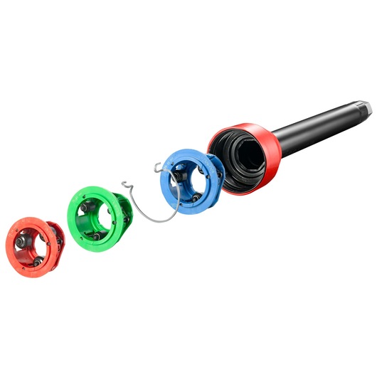 Facom U_7-3T photography of a threading die set with red, green, and blue color-coded die heads and black handle, angled view.