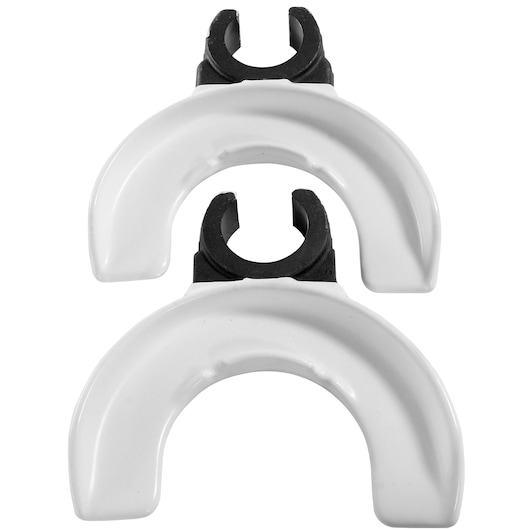 Facom U89J3 photography of two white crescent-shaped tool attachments with black clips, top view.