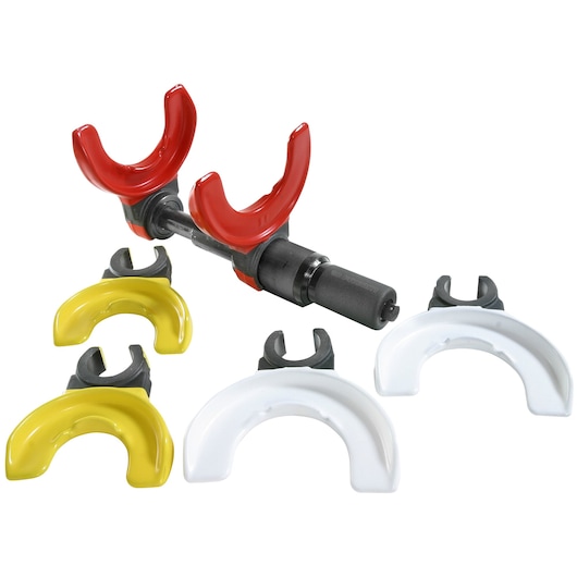 Facom U_89M230 photography of pipe clamp set with red, yellow, white interchangeable jaws, front angle.