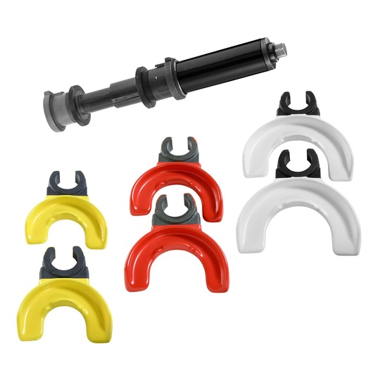 Facom U_89M30 hydraulic tool with red, yellow, and white interchangeable curved attachments, studio angle.