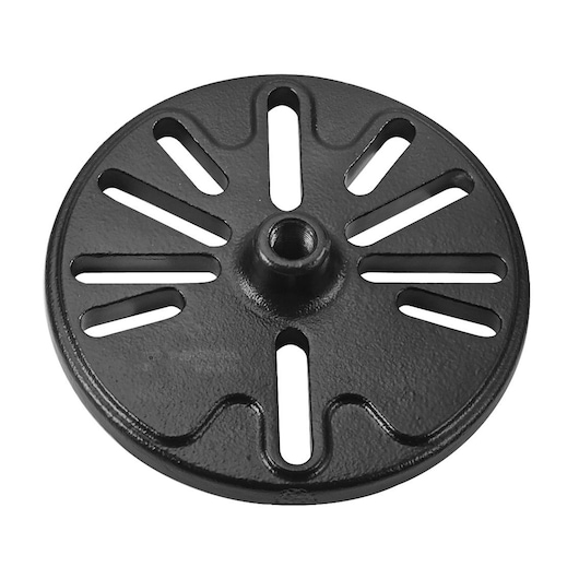 Facom U_9-01A black metal round slotted plate, photography, top angle, white background.