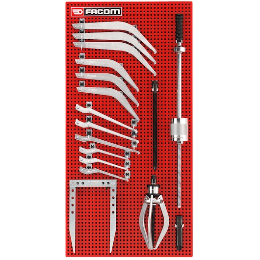 Facom U_J2 puller tool set with various metal arms and attachments displayed on red perforated board, front view.