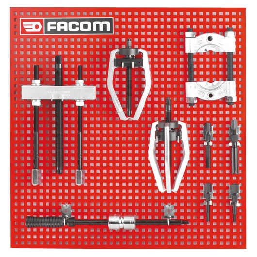 Facom puller and extractor tool set displayed on red perforated board, SKU U_JA1, front angle.