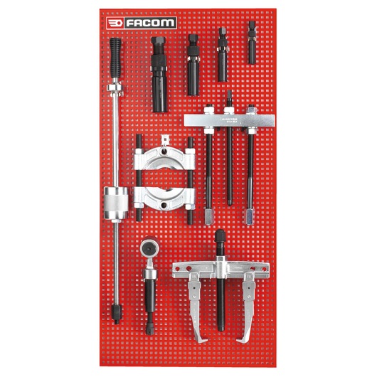 Facom U_JA3 bearing puller tool set mounted on red perforated board, front angle.