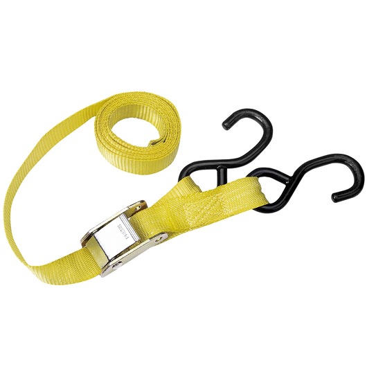 Facom yellow tie down strap with metal buckle and two black S-hooks, SKU U50020036Q, top view on white background.