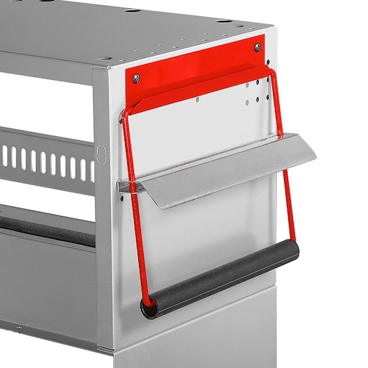 Facom U50020066 metal saw holder with red and black frame attached to a workbench, side angle, white background.