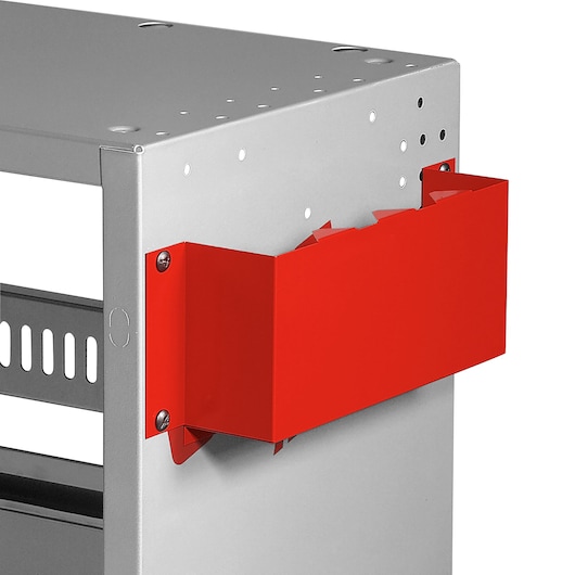 Facom U50020067 red metal side organizer mounted on silver storage unit, front angle.