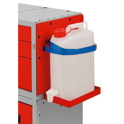 Facom U50020131 photography of white plastic container with red cap secured to metal cabinet by blue strap, side angle.