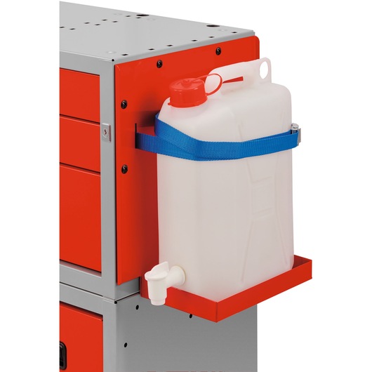 Facom U50020131 side view of red cabinet with strapped white plastic container and tap.