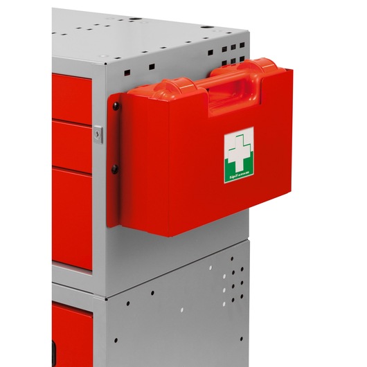 Facom U50020132 red first aid box mounted on grey tool cabinet, front angle.