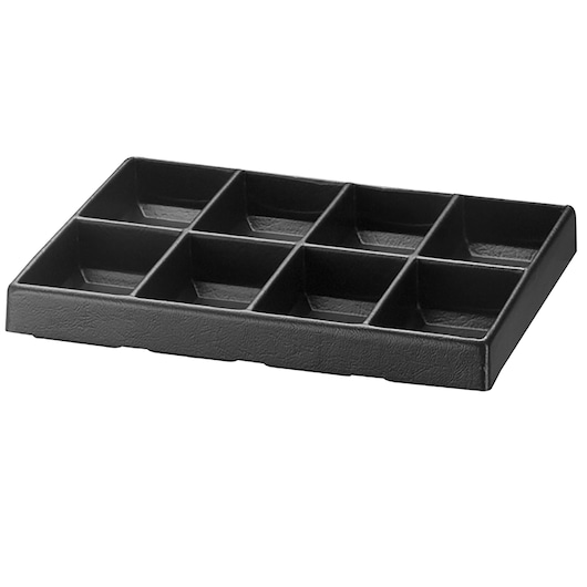 Facom U50030025Q black plastic organizer tray with eight square compartments, angled view, photography.