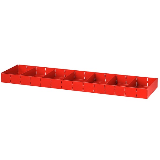Facom U50030025 red metal organizer tray with ten sections, photography, angled on white background.
